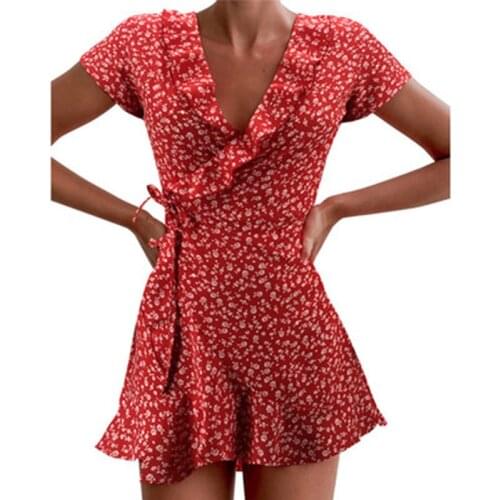 Summer Women’s Floal A-Line Dress Sweet Elegant Floral Ruffles V-neck Bandage Short Dress for Lady Chic Flowers Mini Dress