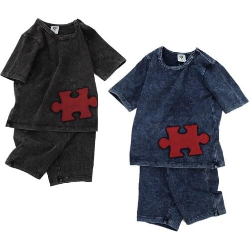 Baby shorts set top and pants knitted denim kids clothes boy and girl clothes round neck short sleeves red patches