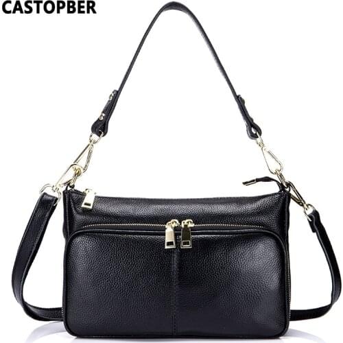 Fashion Shoulder Bag Women Cross Body Bag Cowhide Genuine Leather 2 Strap Ladies Black Handbags Real Leather High Quality Brand