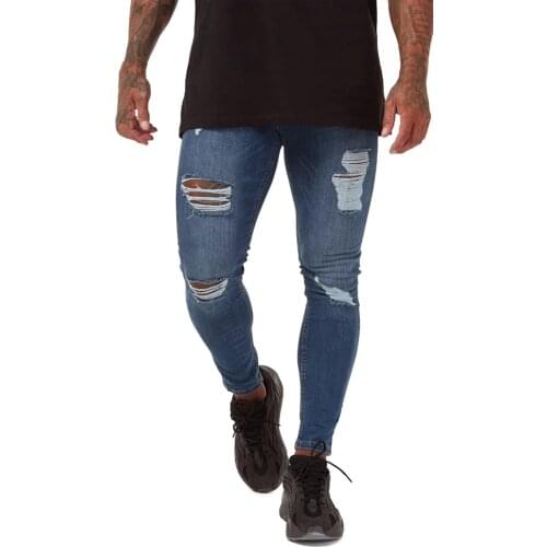 Spray on Mens Skinny Jeans Tights Blue for Men Cargo Pants Sweatpants Trainning Joggers Denim Fashion Stretch Hole Jeans