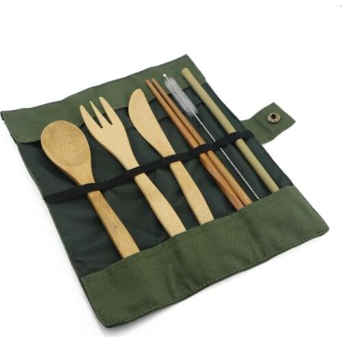 7 Pcs/set With Straw Chopstick Kitchen Utensil Eco-friendly Travel Reusable Portable Bamboo Cutlery Set Dinner Knife Fork Spoon