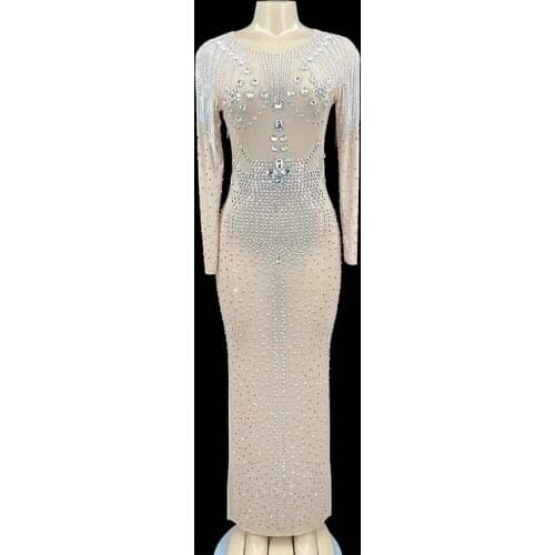New Sparkly Rhinestones Fringes See Through Long Dress Women Sexy Evening Birthday Celebrate Party Dress Singer Show Stage Wear