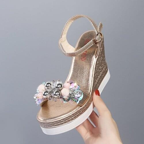 2021 Female Fashion Flower Open Toe Sandals Dress Silver Sandals Women Rhinestone Wedges Platform Party Shoes Woman