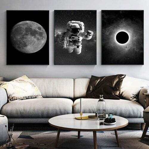 Modern Black and White Abstract Astronaut and Moon Canvas Painting Art Poster and Living Room Decoration Space Wall Home Decor