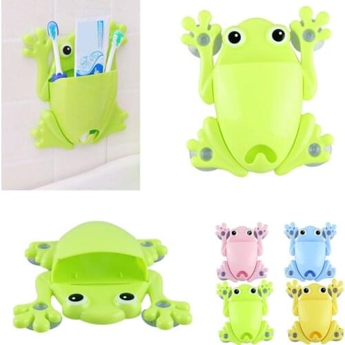 Amazing Lovely Cartoon Cute Frog Toothbrush Holder Wall Stick Paste Organizer Bathroom Set Accessories Products products +B +Q
