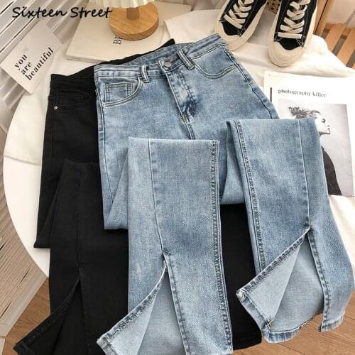 Streetwear Elastic Denim Flare Pants Woman High Waist Vintage Blue Split Jeans Woman Korean Chic Gray Bell Bottom Jeans Female