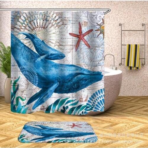 Whale mother and kid Marine animal world map waterproof Bathroom colorful Shower curtain
