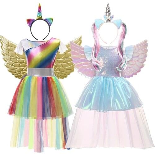 VOGUEON New Unicorn Dress Girls Halloween Birthday Party Cosplay Rainbow Sequins Costume Kids Children Clothing Unicorn Vestido