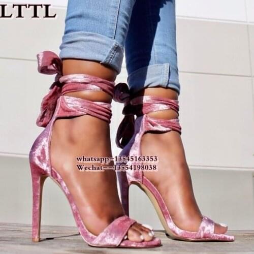 Velvet Ankle Bow Tie Strappy Shallow Cutouts Sandals Butterfly-Knot Stiletto Heels Lace Up Sexy Party Dress Summer Shoes Woman