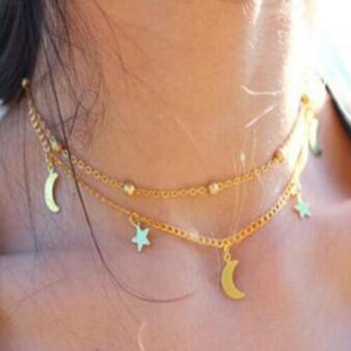 Vintage Multilayer Rhinestone Star Moon Tassel Necklaces Women Elegant Gold Chain Pendant Choker Clavicle Necklace Jewelry YN26