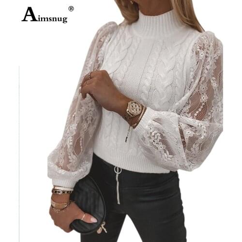Women New Patchwork Lace Sweater Top Autumn Lantern Sleeve Jumper Streetwear Casual Knitting Sweater Pullovers Pull Jersey Muje