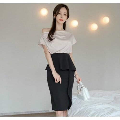 Plus Size Korean Style Summer Office Work Two Piece Set for Ladies Casual Elegant Blouse and Ruffle Black Wrap Skirt Woman Suit