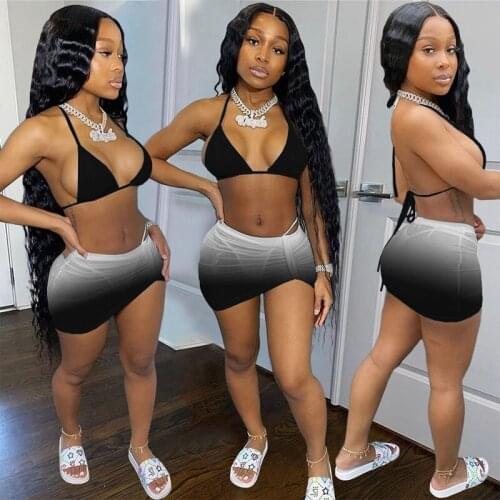 TNNAOFF Gradient 3 Piece Set Beach Vacation Swimsuit for Women Spaghetti Strap Bra Crop Top and Mini Skirts Matching Bikini Sets