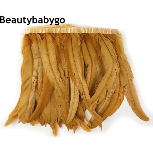 2 yard/lot 30-35cm Gold Rooster Tails Feather Trims Finges Strips Natural cock feathers strungs Lace for dress jewelry accessory