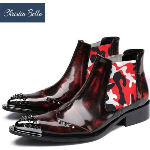 Christia Bella Fashion Punk Style Ankle Boots for Men Genuine Leather Pointed Toe Winter Shoes Men Party Shoes Plus Size 38-47
