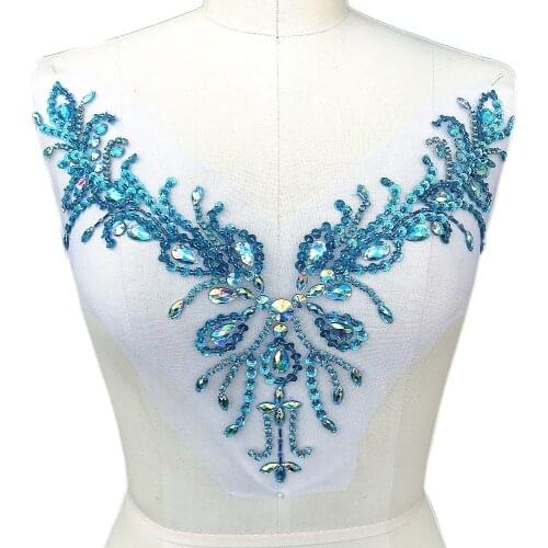 BABY Blue V-neck Sew On Neckline Mirror Rhinestone Crystal Trim Bridal Applique Design Patch for Sewing Wedding Dress Decoration