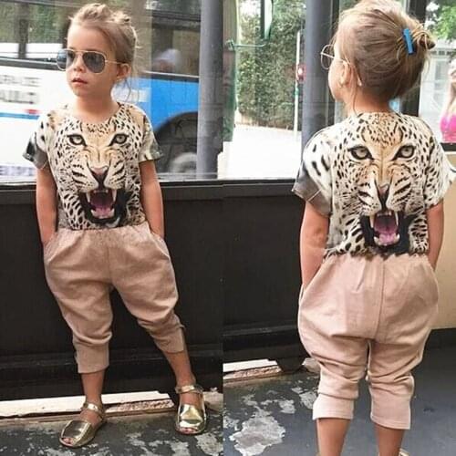 Childrens Sets Girls Summer Clothing Fashion Short Sleeved Shirt+Solid Pants 2 Pieces Animal Pattern Suits Kids Chiffon Costume