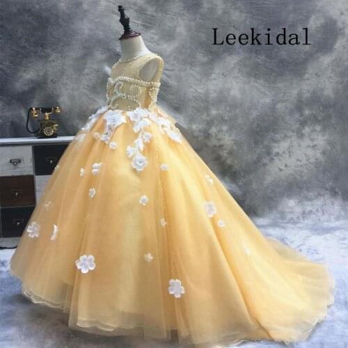 Pearls Pearl Beading Floor Length Jewel Custom Light Yellow White Applique Kids Formal Wear Applique Flower Girl Dresses Custom