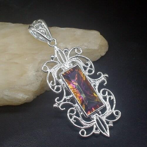 Gemstonefactory Jewelry Big Promotion 925 Silver Rectangle Rainbow Fire Topaz Women Ladies Mom Gifts Necklace Pendant 20213831