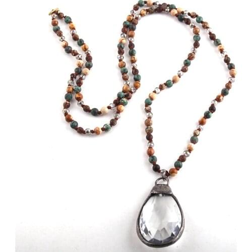 RH Fashion Bohemian Tribal Jewelry 4mm Semi Precious Stone Long Knotted Glass Dorp Pendant Necklaces