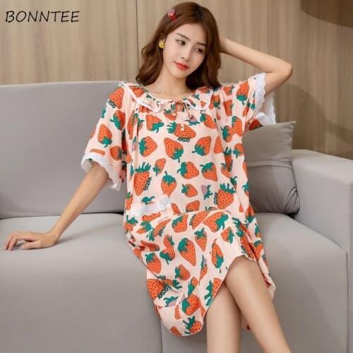 Nightgowns Women Kawaii Printed Turn-down Collar Knee-length Lace Summer Ulzzang Comfortable Casual Students Sleepwear Homewear