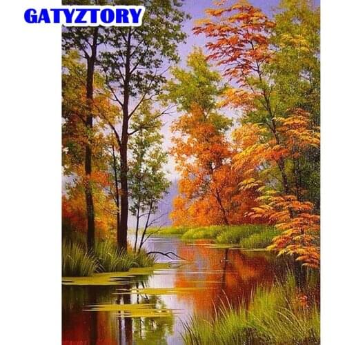 GATYZTORY Autumn Tree And River Diy Oil Painting By Numbers Kits Acrylic Pigment Modern Home Decor Drawing Coloring Photo