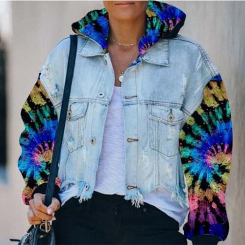 Autumn Denim Patchwork Jacket for Women,Hole Ripped Jean Short Jacket and Coat With Hooded Long Sleeve