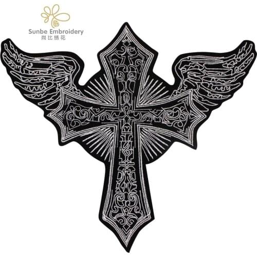 Wing Crucifixes Iron-On Embroidered Cross Patch Motorcycle Badges Decorative Leather Jacket Backpacks