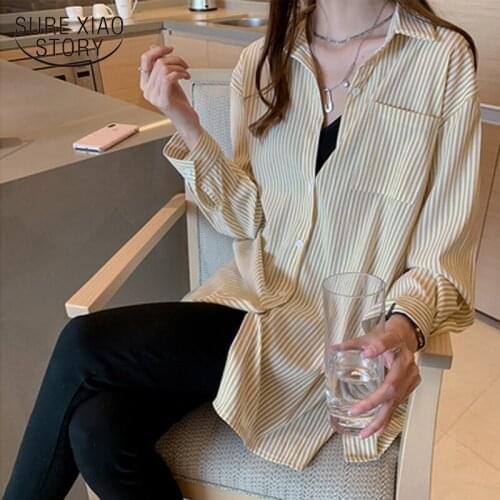 Hong Kong Style Retro Stripe Shirt Women Loose Blouse Yellow Black Lattice Shirts Plus Size Tops Blouses Vintage Blusas 7937 50