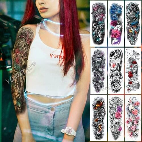 Large Arm Sleeve Tattoo Pink Cyan Eyes Angel Waterproof Temporary Tattoo Sticker Rose Wings Sun Men Full Skull Tatoo Women