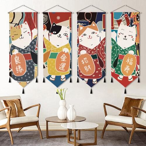 Japanese Ukiyoe Canvas Art Painting Lucky Cat Hanging Wall Tapestry with Tassels Print Pictures Home Living Room Decoration