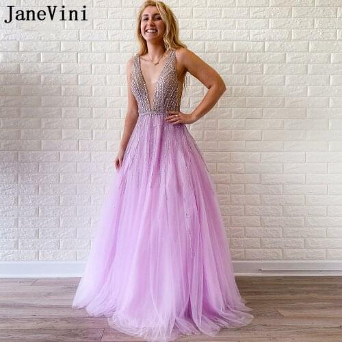 JaneVini Sparkly Crystal Beading Vestido Prom Dresses 2020 Long Lavender Tulle Open Back Young Girl Womens Formal Elegant Gowns