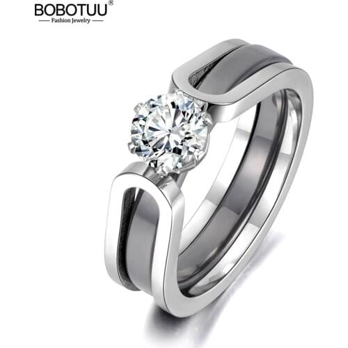 BOBOTUU 2 In 1 Black/White Ceramic Crystal Wedding Ring Jewelry For Women AAA Cubic Zirconia Stainless Steel Engagement BR18071