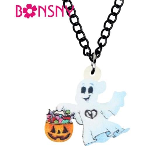 Bonsny Acrylic Halloween Ghost Pumpkin Candy Necklace Chain Pendant Choker Jewelry For Women Teens Kids Charms Gift Accessories