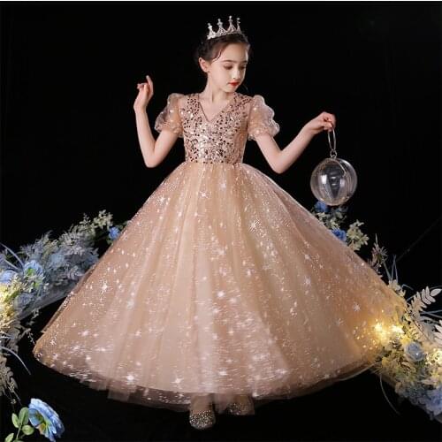 Kids Wedding Dress for Girls Princess Tulle Dresses Teens Formal Wedding Show Party Pageant Ball Gown Children Star Sequins Robe