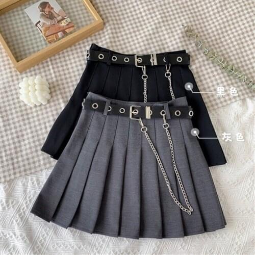 Womens 2021 Summer Korean- Retro High Waist Design Personalized Chain Pleated A- line school girl skirt school uniform