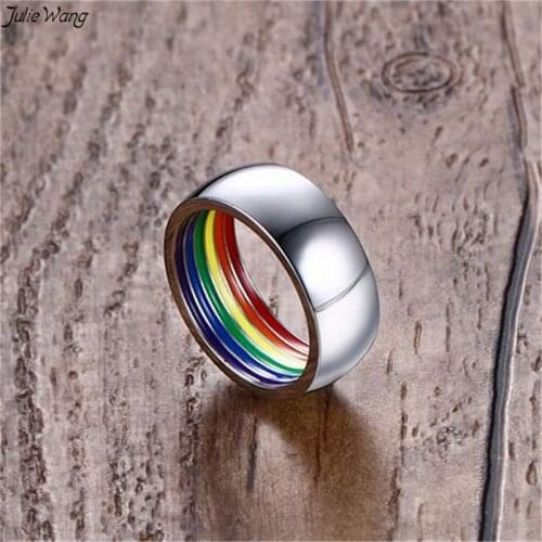 Julie Wang 1PC Stainless Steel Rainbow Rings for Men LGBT Come Out of The Closet Statement Jewelry Gift Ring for Gay Friend