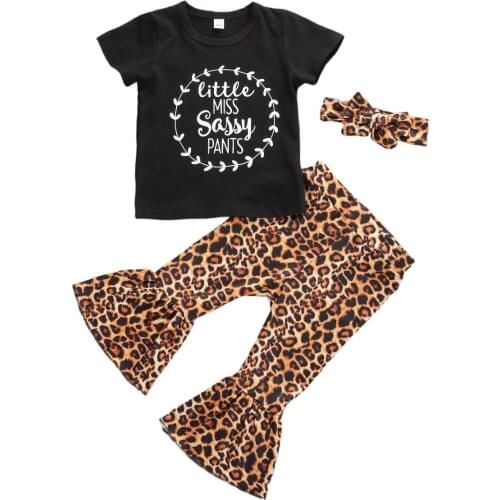 1-6Y Infant Baby Girls Clothes Sets Leopard Letter Print Short Sleeve T Shirts Tops+Flare Pants+Headband 3pcs