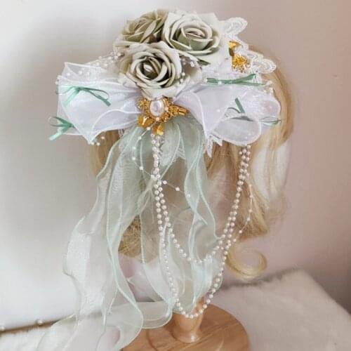 Lolita Ruffled Lace Bowknot Tassel Flower Pearl Pendant Bowler Hat Lightweight Breathable Soft Hairpin Party Cosplay Decor