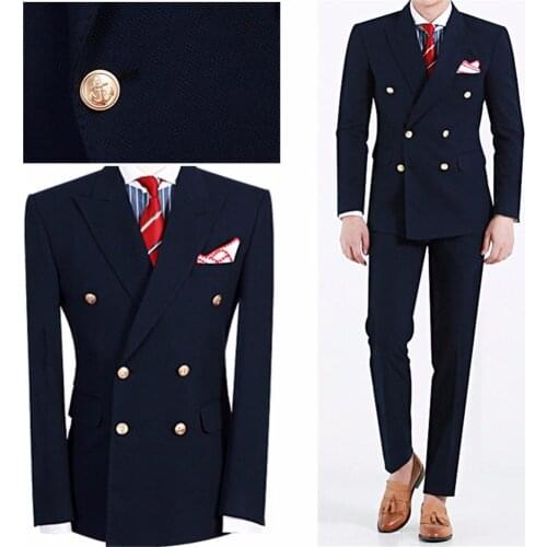 In Stock Navy Blue Peak Lapel Men Suits Costume Homme Wedding Prom Terno Masculino Slim Fit Groom Tuxedos Blazer 2 Pieces