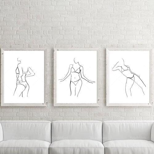 3-piece set of womens bikini body line drawings, minimal online print, female line fashion art print, body impression art wall