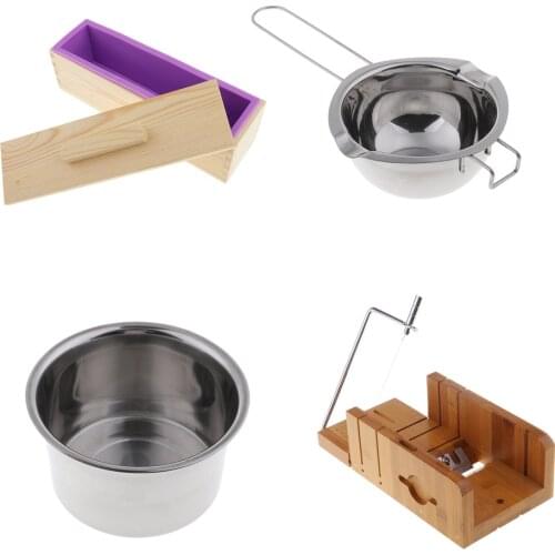 4x Wood Stainless Steel Soap Cutter with Beveler & Wire Slicer + Rectangle Silicone Soap Making Loaf Mould 900ml + Double Boiler