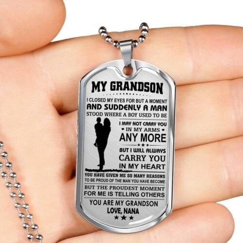 To My Grandson Dog Tag Pendant Necklace Best Gift for Grandson Luxury Pendant Necklace Family Jewelry for Grandson Birthday Gift