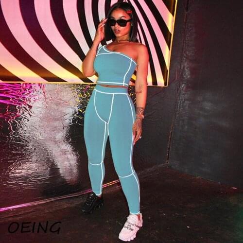 2021 Sexy Tights 2 Piece Sport Sets One Shoulder and Legging Workout Fitness Clothes High Waist Patchwork Tracksuit