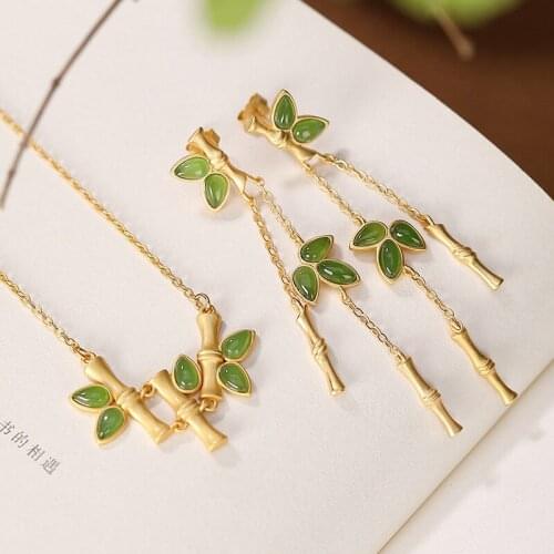 S925 sterling silver gold-plated Jasper stud earrings vintage bamboo leaf tassel womens earring pendant set chain