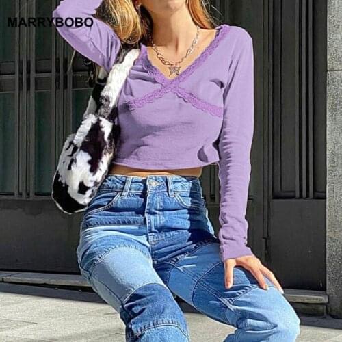 Sexy V-Neck Lace Patched Crop Tops 2021 Casual Korean Slim Solid Long Sleeve T-Shirt Women Spring Cotton Tee Shirts