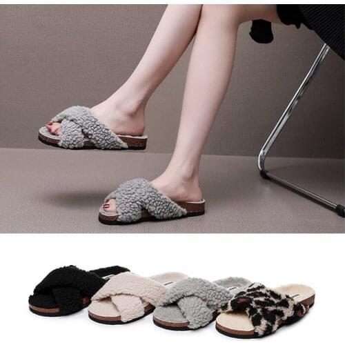 COSMAGIC Fashion Warm Fluffy Cork Slippers Women Cozy Faux Fur Cross Indoor Floor Handmade Non-slip Flip Flops Shoe
