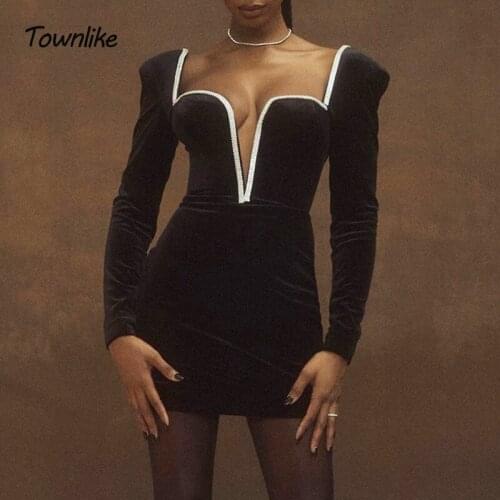 Townlike 2020 Velvet Autumn Winter Long Sleeve Diamond Side Deep V Neck Party Dress Strapless Backless Sexy Dresses Vestidos