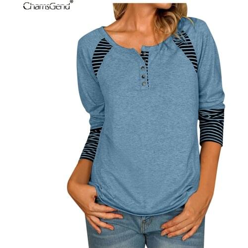 Womens Stripe Splicing T-Shirt Long Sleeve Sexy O-Neck Buttons Loose Tops Ladies Casual Slim Autumn Wild Base Daily T Shirt
