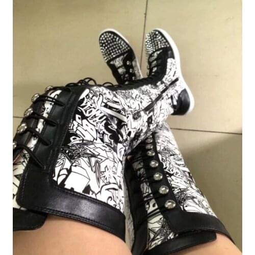 New Ladies Metal Rivets Studs Round Toe Lace Up Thigh Boots Printed Leather Thick Rubber Sole Over The Knee Boots Male Zapatos